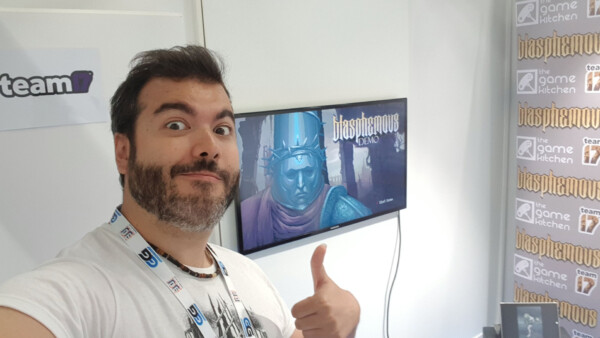 2019 - At the tiny booth where we attented the press to promote Blasphemous during Gamescom'19.